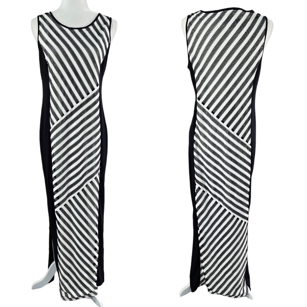 Chico's Black White Knit Kit Textured Diagonal Stripe Maxi Dress Sleeveless